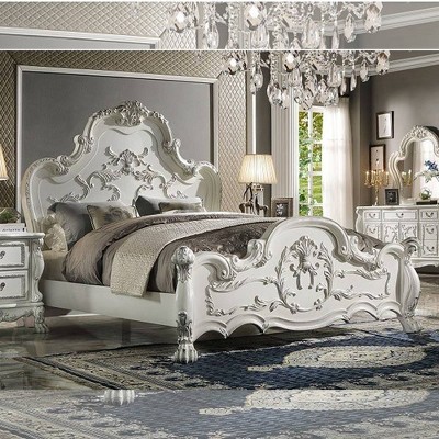 Dresden King Bed with Antique White Finish and Carvings