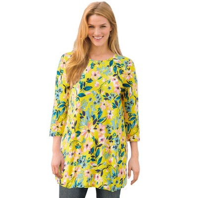 Woman Within Plus Size Perfect Printed Three-Quarter-Sleeve Scoopneck Tunic
