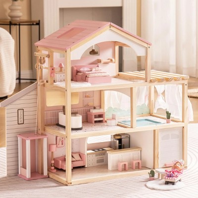 ROBOTIME Dollhouses Wooden Doll House, Toy Furniture Set, Toddler Doll House for 3 Year Old, Kids Doll House ,Girls Gifts, Pink, 11.6"*31.5"*27.4"