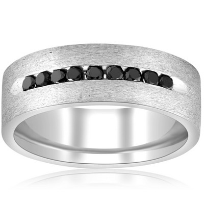 Pompeii3 3/4ct Treated Black Diamond Mens 6 mm Brushed Wedding Band 14K White Gold