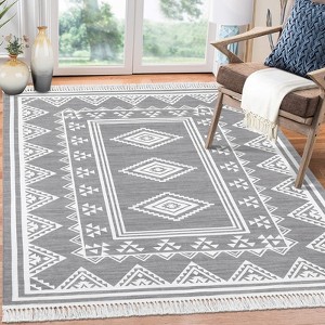 Indoor Tassel Area Rug for Bedroom Living Room - Washable Bordered Farmhouse Carpet, Non-Slip Soft Low Pile Stain-Resistant Mat - 1 of 4