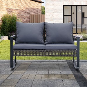 Ainfox Outdoor Wicker Loveseat Rocking Chair, Patio Rattan Rocker Chair with Cushions Cozy Rocking Wicker Furniture for Garden Backyard Porch - 1 of 4