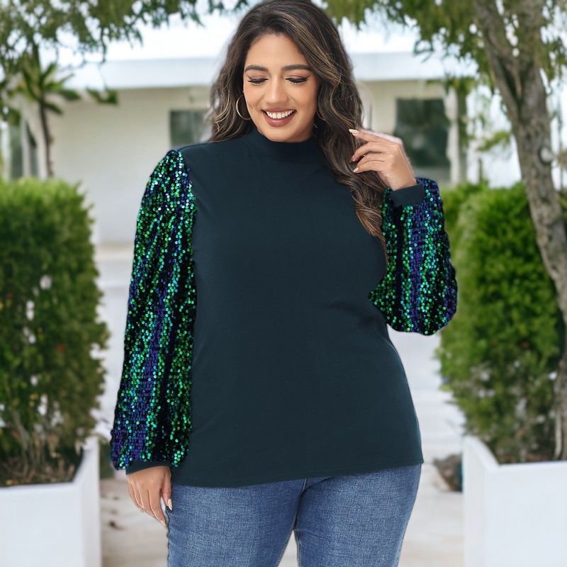 Anna-Kaci Women's Plus Size Sparkle Sequin Sweatshirt Mock Neck Pullover Long Sleeve Glitter Party Tops, 2 of 6