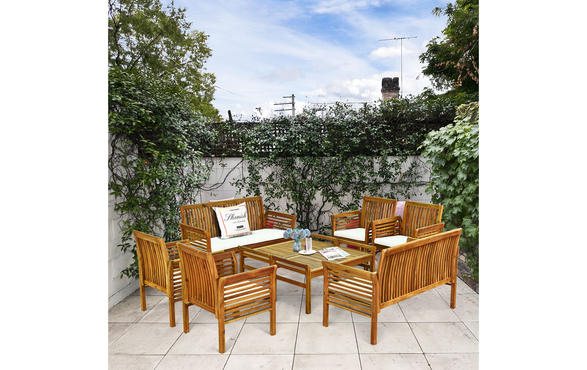 Costway 8 PCS Outdoor Acacia Wood Sofa Furniture Set Cushioned Chair Coffee Table Garden