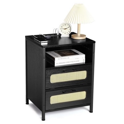 LED Nightstand with Charging Station, Bedside Table with 2 Rattan Decor Drawers