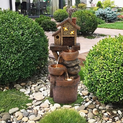 Rustic Brown Resin Birdhouse Outdoor Fountain with LED Lights