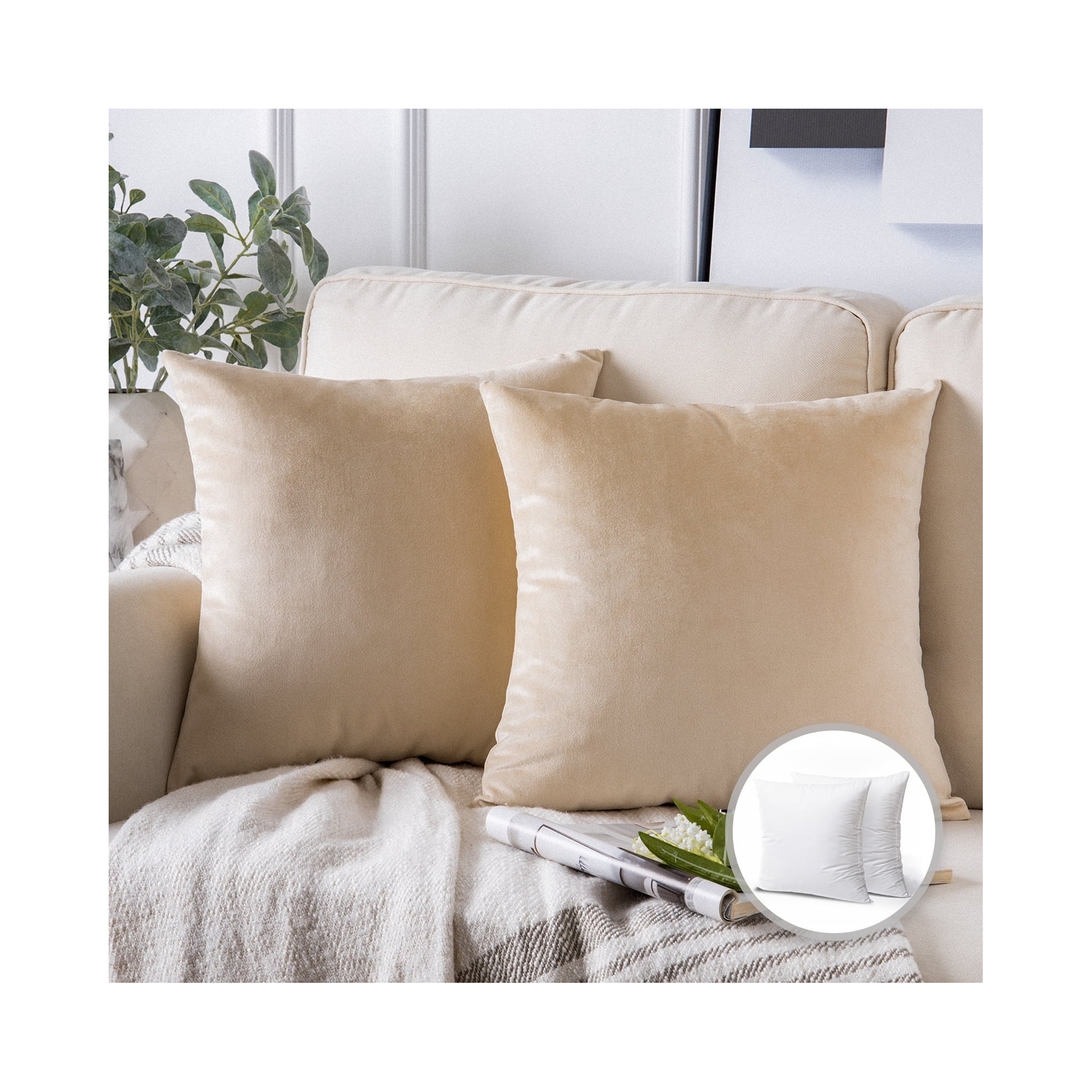 Phantoscope Soft Silky Velvet Series Decorative Throw Pillow Cusion for Couch, 2 Pack, 18x18, Beige
