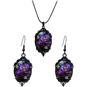 Dark Victorian Gothic Set - Crow Pendant Necklace & Witch Cameo Earrings, A Luxurious Halloween Accessory Collection - 1 of 4