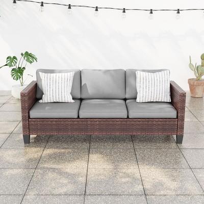 Sonkuki Outdoor Wicker Patio 3-Seat Sofa, PE Rattan Conversation Set With All-Weather Cushions