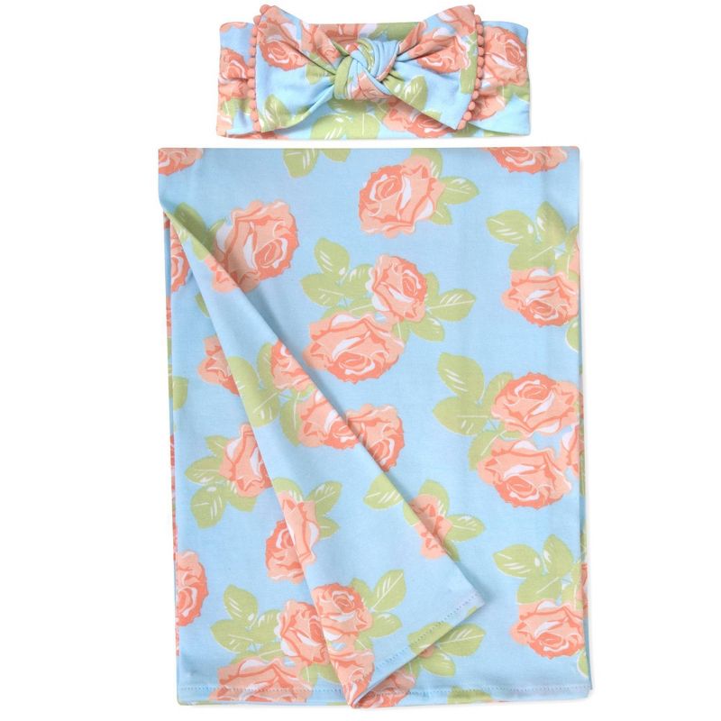 Baby Essentials Floral Swaddle Blanket and Headband Set, 1 of 4