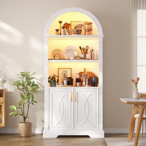 Vlsrka Arched Cabinet, Kitchen Pantry & China Cabinet, Arched Bookshelf with Open & Adjustable Shelves, Induction 3-Color Lights,White - 1 of 4