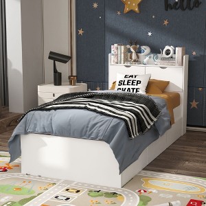 Famapy White Toddler Bed with 2 Storage Drawers, Headboard Shelves & Smooth Rollers,Space-Saving Solution for Kids' Bedroom - 1 of 4