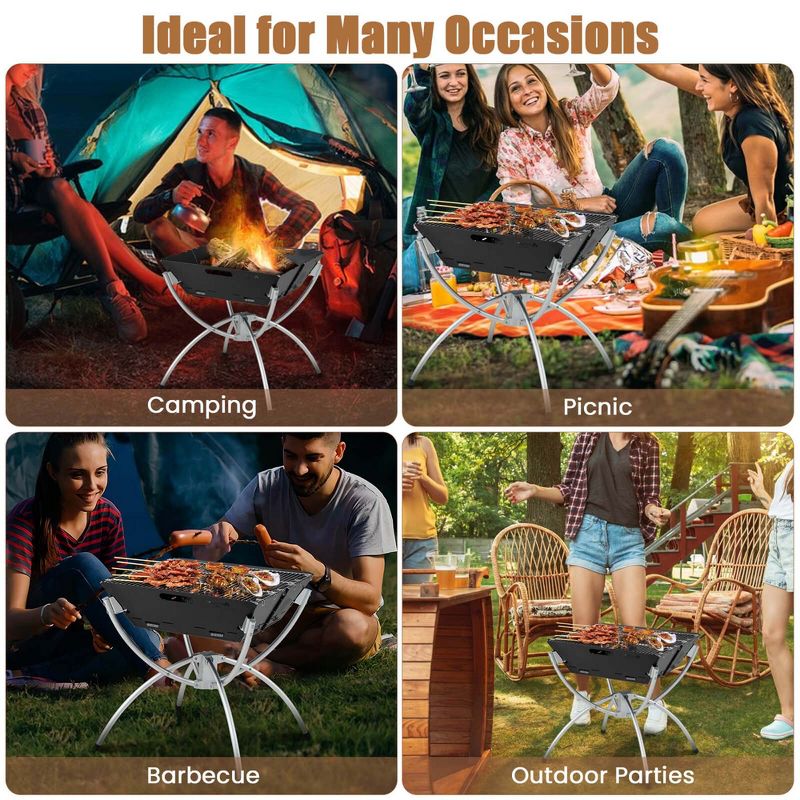 Costway 3-in-1 Portable Charcoal Grill Folding Camping Fire Pit with Carrying Bag & Gloves Black/Coffee, 4 of 11