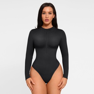 Feelingirl Women's Zipper Up Deep V Neck Bodysuits Long Sleeve Shapewear Bodysuit  Black XS/S - 1 of 1