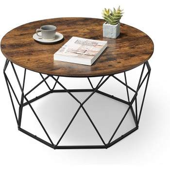 VASAGLE Round Coffee Table for Living Room Cage Cocktail Table with Steel Frame 31.5 Inches Dia., Industrial Style Rustic Brown and Black