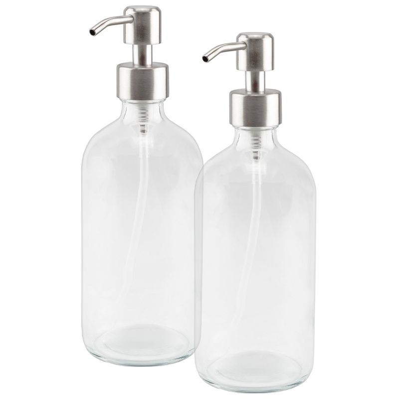 Cornucopia Brands 16oz Clear Glass Boston Round Bottles w/Stainless Steel Pumps, 2pk; Soap Dispenser Great for Aromatherapy, Lotions, Liquid Soaps, 1 of 9