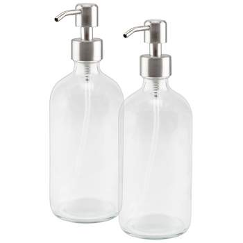 Cornucopia Brands 16oz Clear Glass Boston Round Bottles w/Stainless Steel Pumps, 2pk; Soap Dispenser Great for Aromatherapy, Lotions, Liquid Soaps