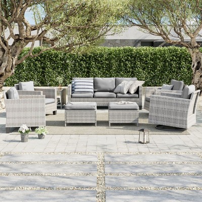 Sonkuki 8-Piece Patio Conversation Set with Swivel Rocking Chair and Side Table, Navy Blue Cushion