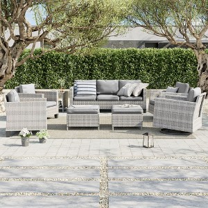 Sonkuki 8-Piece Patio Conversation Set, Outdoor Furniture Set with 4 Rattan Swivel Rocking Chairs, Side Table, Ottoman and Navy Blue Cushion - 1 of 4