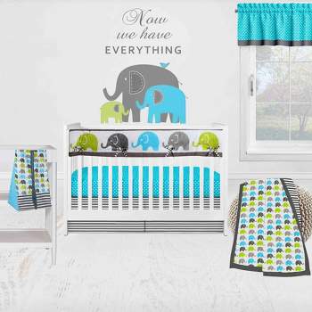 Bacati - Elephants Aqua/Lime/Gray 6 pc Crib Bedding Set with Long Rail Guard Cover