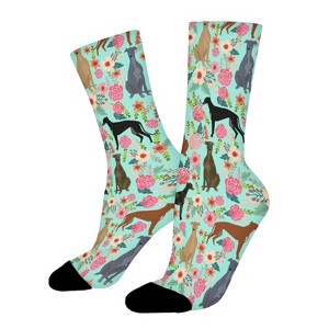 Greyhounds Florals Women Printed Crew Socks Funny Funky Socks Soft Polyester Novelty Gifts for Artists Men - 1 of 1