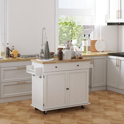 Distressed White Rubberwood Kitchen Cart with Spice Rack and Storage