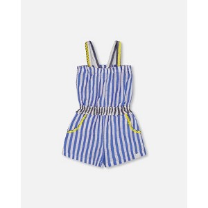 Deux par Deux Girl Sleeveless Seersucker Romper Blue and White Striped - 1 of 4