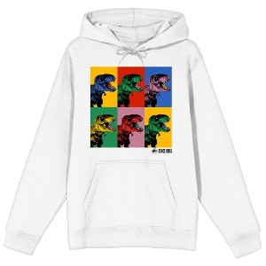 Jurassic Park T-Rex Multicolored Backgrounds Long Sleeve White Adult Hooded Sweatshirt - 1 of 3
