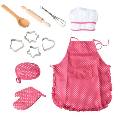 WhizMax 11 Pcs Kids Cooking and Baking Set with Apron for Girls, Chef Hat, Oven Mitt, and Other Cooking Utensils for Toddler Chef Career Role Play