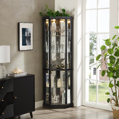 Lyngins American Design Glass Display Cabinet with 2 Side-Hung Doors, Lighted Corner Curio Cabinet with Adjustable Shelves, Accent Storage Cabinet