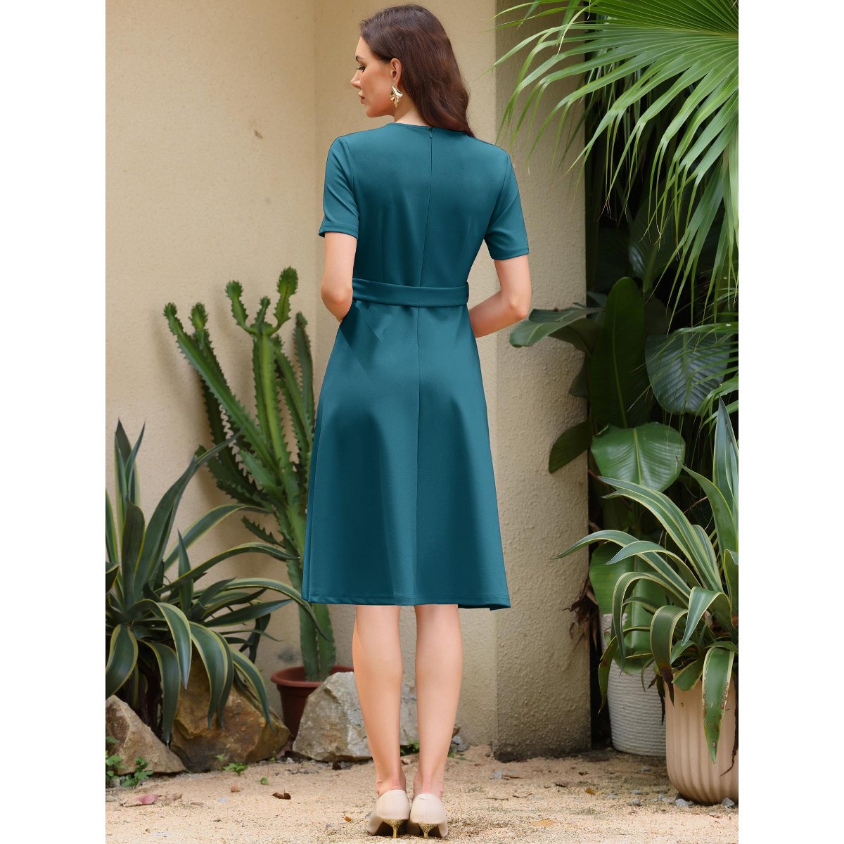 Женские платья INSPIRE CHIC Women's Belted Summer Short Sleeve 2026 Split Neck A-Line Midi Dresses X-Large Blue — фото 4