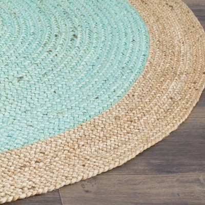 Aqua and Natural Round Braided Jute Rug, 4' Diameter