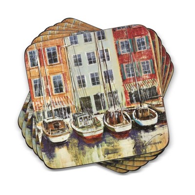 Pimpernel Boat Scene Coasters - Set of 6 Square Cork Backed Coasters with Nautical Watercolor Designs - Heat & Stain Resistant Drink Mats
