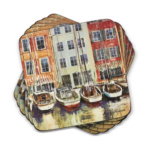 Pimpernel Boat Scene Coasters - Set of 6 Square Cork Backed Coasters with Nautical Watercolor Designs - Heat & Stain Resistant Drink Mats - 1 of 4