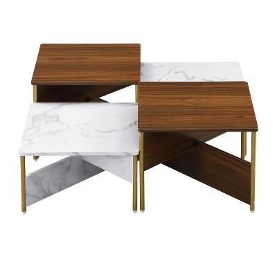 Vynxaria Mid Century Modern Nesting Coffee Tables (Set of 4) Square, Free Adjustable Shape, White & Walnut, MDF Marble-Effect, Sleek Metal Legs