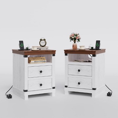 Farmhouse Nightstand with Charging Station - Modern Bedside Table with 2 Drawers, White Accent Table for Bedroom & Living Room