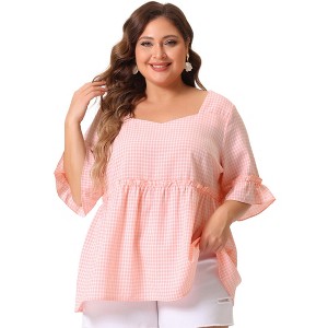 Agnes Orinda Women's Plus Size Plaid Peplum Sweetheart Neck Ruffle Sleeve Babydoll Blouses - 1 of 4
