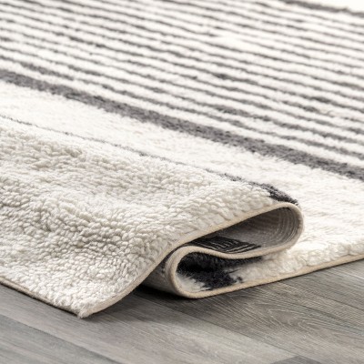 Ivory and Black Striped Wool Washable 4' x 6' Area Rug