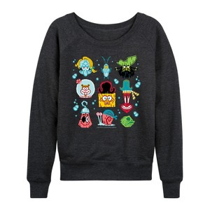 Women's - Spongebob Squarepants - Spongebob: The Search For Squarepants Grid Lightweight French Terry Wide Neck Long Sleeve Graphic Shirt - 1 of 4