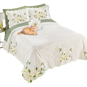 Collections Etc Magnolia and Hummingbird Appliqué Scalloped Edge Bedspread - 1 of 3