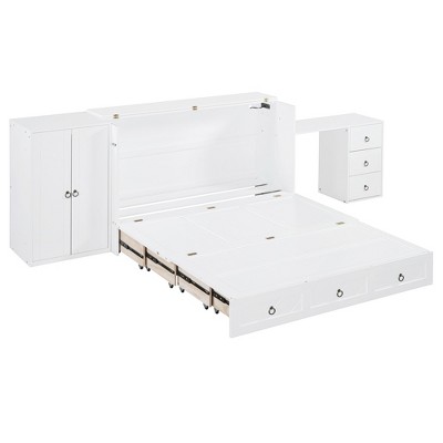 CLIHOME Queen Size Murphy Bed Versatile Cabinet Bed with USB Port, Large Drawer, and Wardrobe/Desk