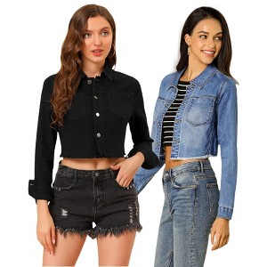 INSPIRE CHIC Women's Turn Down Frayed Button Down Washed Cropped Denim Jacket 2 Packs - 1 of 4