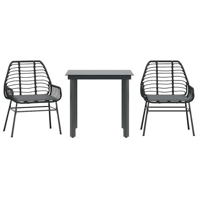 vidaXL 3 Piece Patio Dining Set with Cushions - Black Poly Rattan Furniture Set with Tempered Glass Table - Ideal for Garden, Backyard, and Patio use