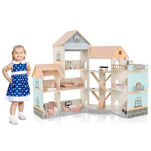 Costway Wooden Corner Dollhouse Playset with 41 Pieces of Furniture and Accessories - 1 of 4