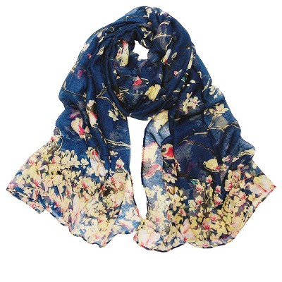 Wrapables Lightweight Vintage Floral Bird Print Long Scarf Wrap, Navy