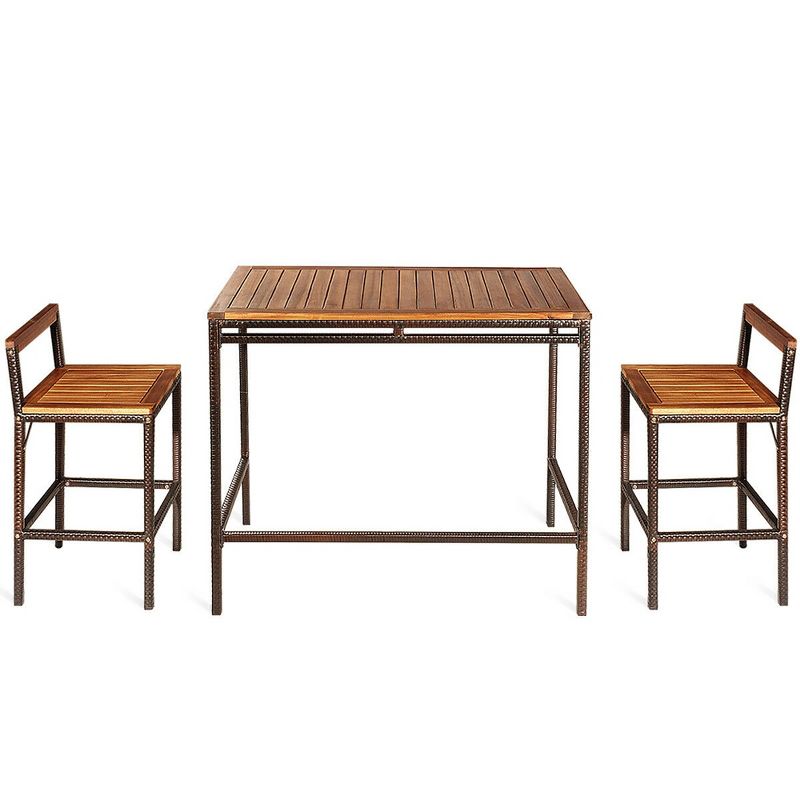 Costway 3 PCS Patio Rattan Wicker Bar wood Table Chair Outdoor, 5 of 11