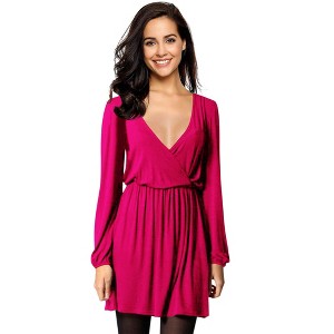 Women's Wrap V Neck Swing Long Sleeve Mini Dress Elastic Waist Fit Flare Dress - 1 of 4
