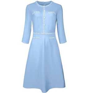 Hobemty Women's Elegant Office 3/4 Sleeve Tweed Trim Round Neck A-Line Dress - 1 of 4