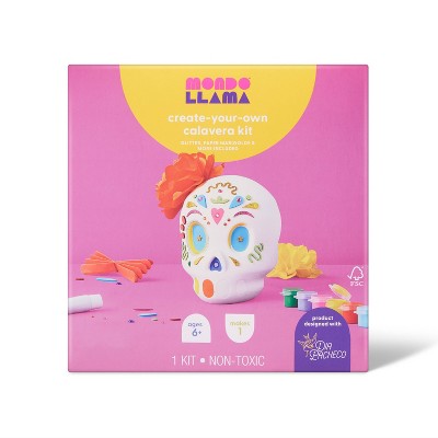 Dia de los Muertos Paper Pulp Calvera Craft Kit- Mondo Llama™: Includes Paints, Brushes, Stickers, Glitter Glue, Ages 6+