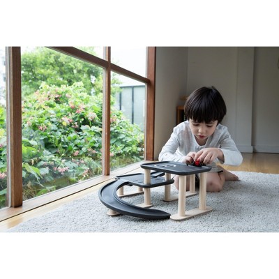 Black and Natural Multi-Level Wooden Parking Garage Playset
